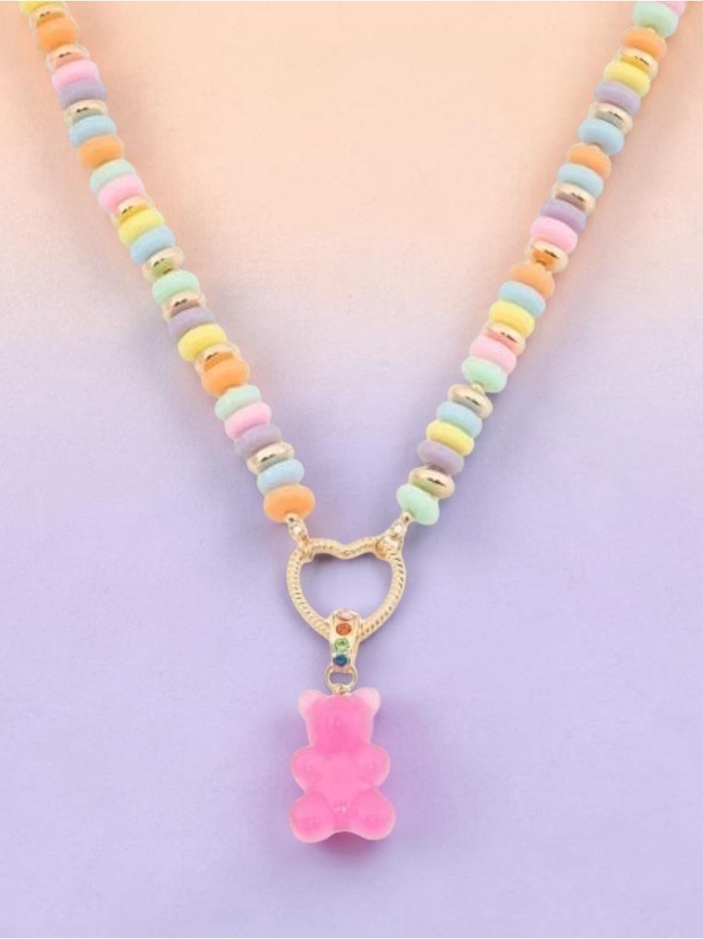 Betsey Johnson Pink Gummy Bear Charm Pastel Beaded Necklace - Picture 4 of 16